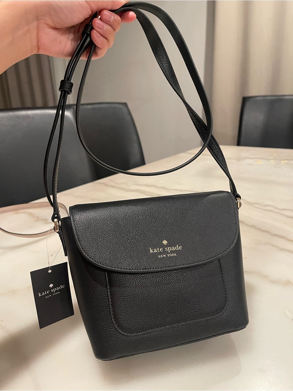 kate spade Black Pebbled Leather Crossbody Bag with Gold Logo